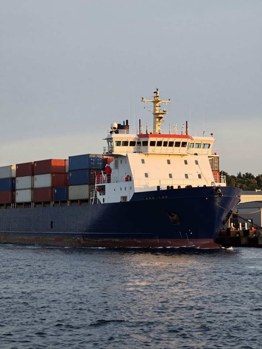 Pilot Boat Guiding Container Ship into Halifax Port at Nautical Dawn in in Halifax, Nova Scotia, Canada