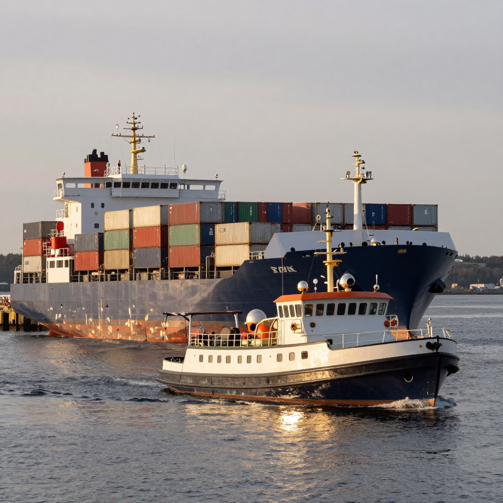 Pilot Boat Guiding Container Ship Into Halifax Port Late Afternoon in in Halifax, Nova Scotia, Canada