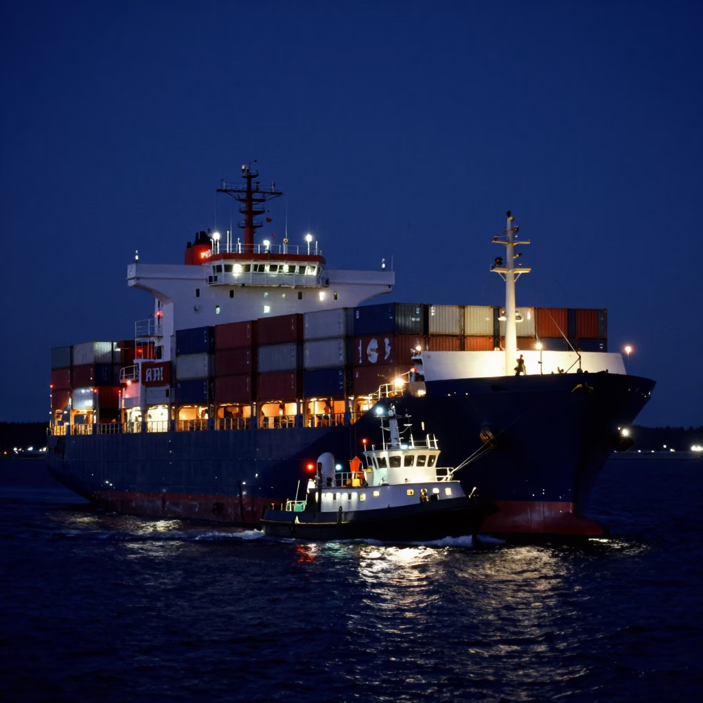 Pilot Boat Guiding Container Ship Into Halifax Port Under Deep Night Sky in in Halifax, Nova Scotia, Canada