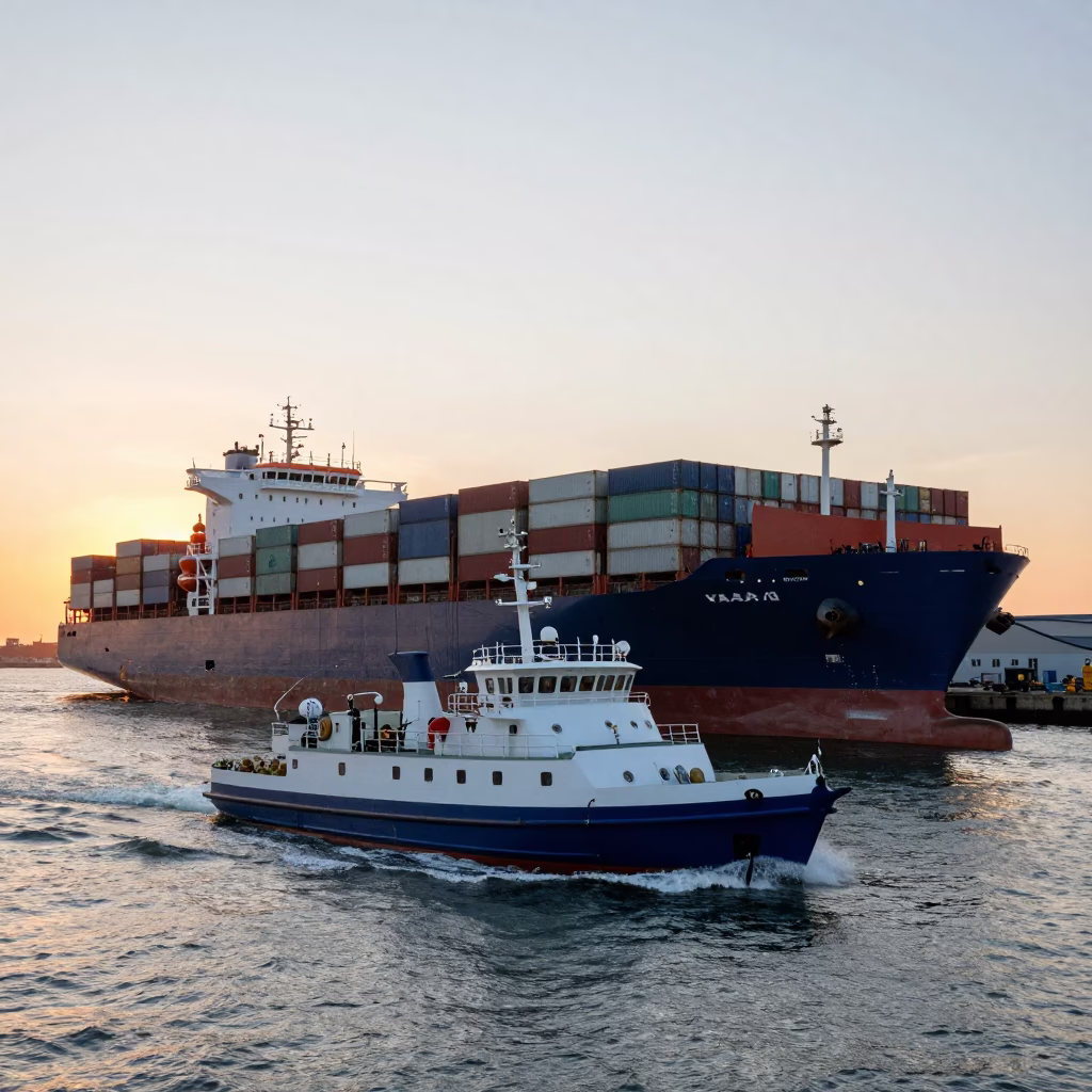 Pilot Boat Guiding Container Ship Into New York Harbor at Sunset in in New York, New York, United States