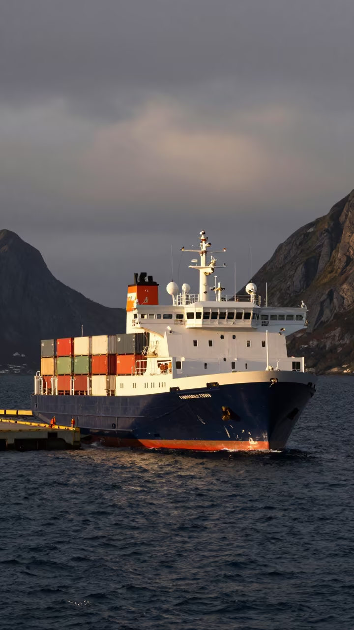 Pilot Boat Guiding Container Ship at Midnight in on a wind-open causeway in Norway