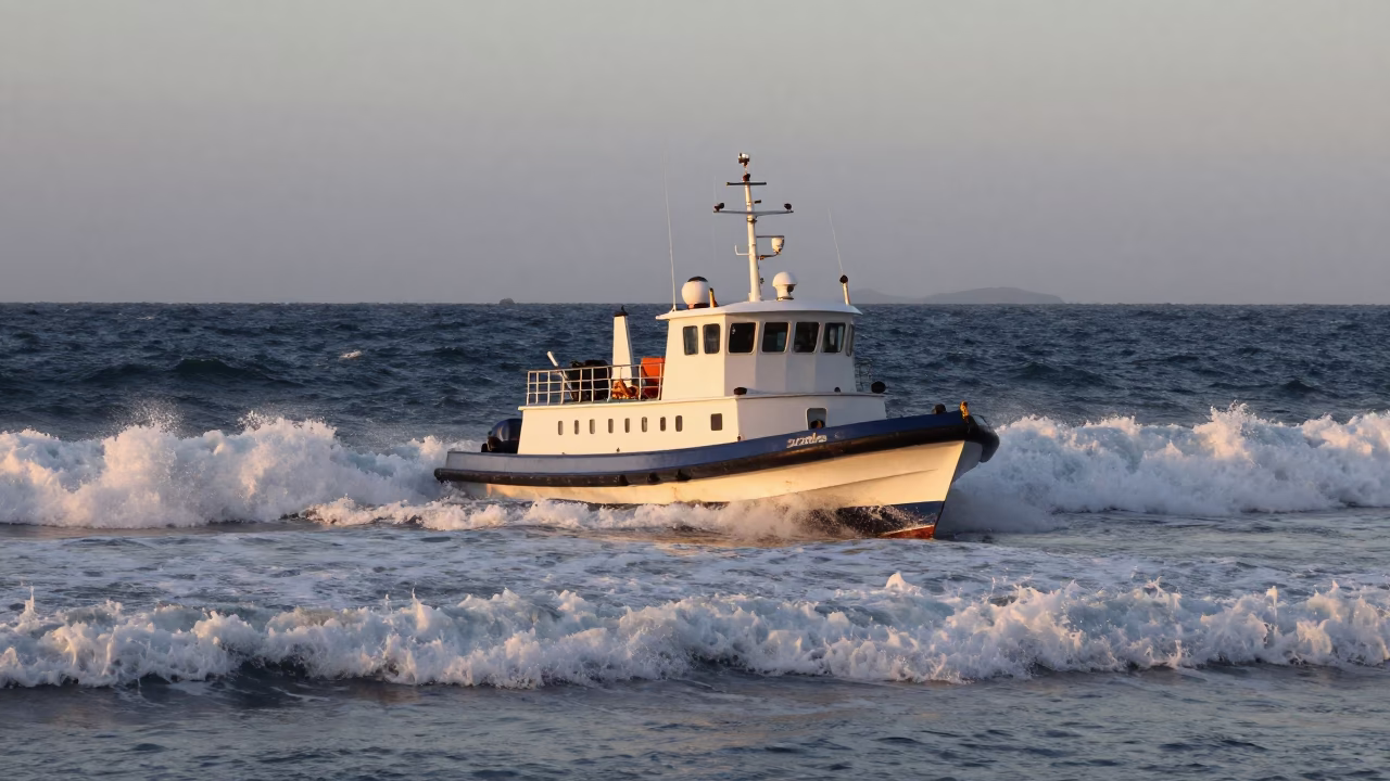 Pilot boat navigating heavy dawn swells near Salvador Brazil coastline in in Salvador, Brazil