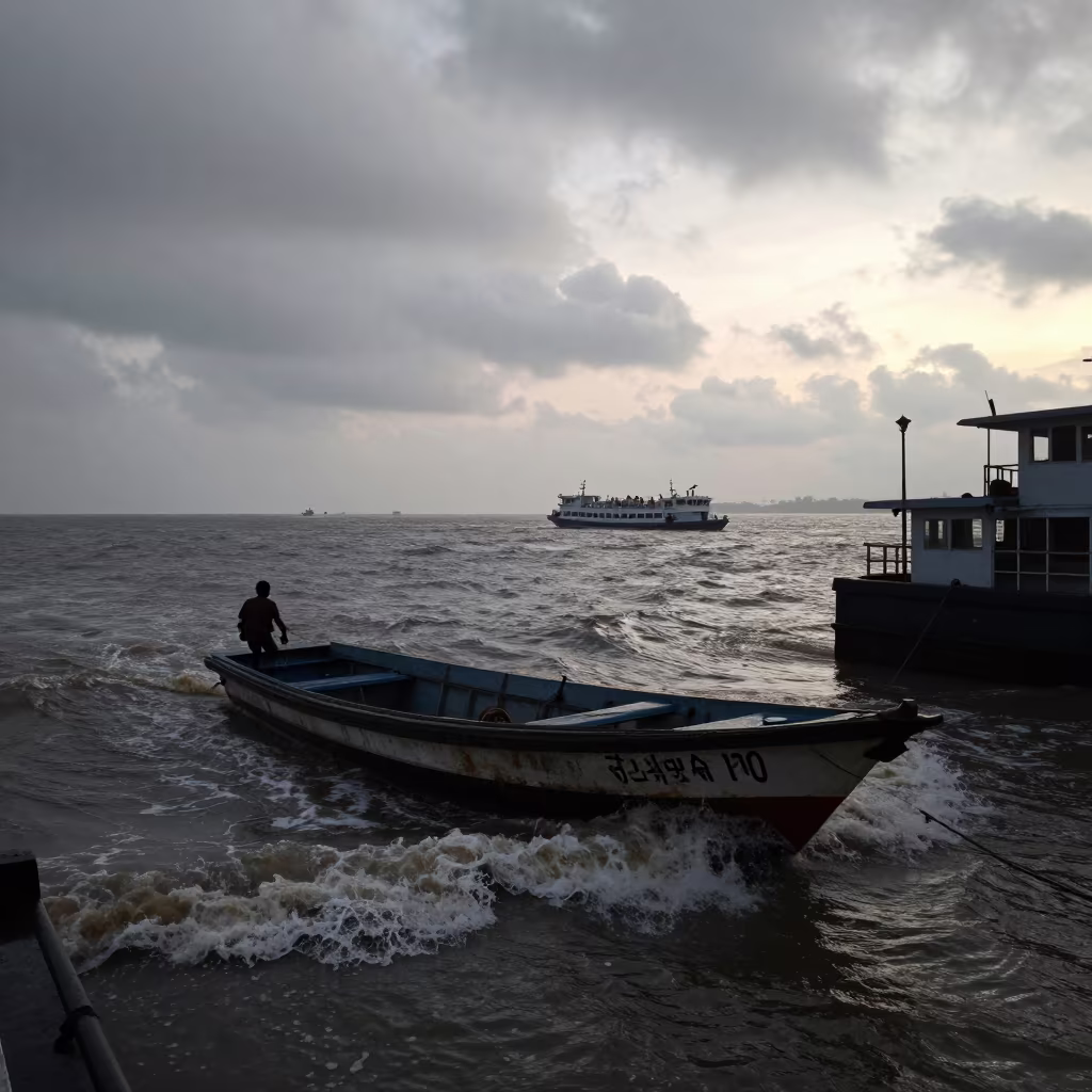 Pilot Boat Slicing Choppy Monsoon Harbor in across a remote ferry crossing near Crawford Market, Mumbai