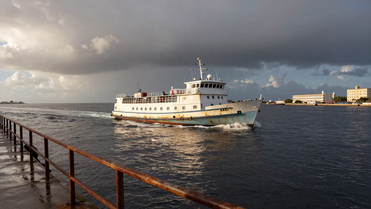 Pilot Boat Slicing Harbor Waters at Sunset in across a remote ferry crossing near Havana