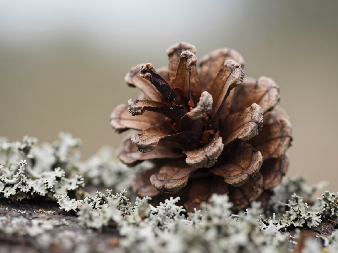 Pine Cone Scales Lichen Bark Guatemala Macro in on lichen-covered bark near Guatemala City