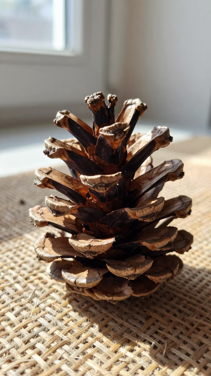 Pine Cone Scales on Woven Linen in Colón in against woven linen fibers in Colón