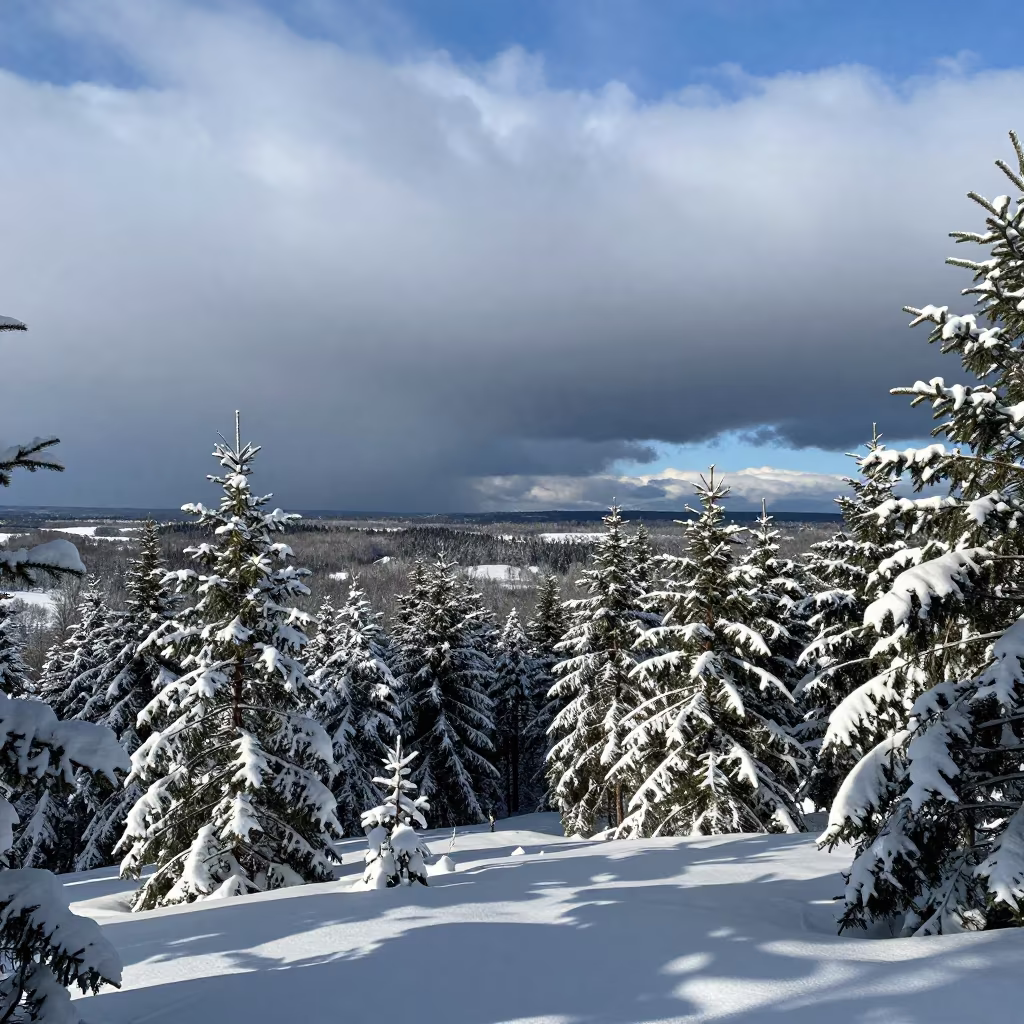 Pine Forest After Snowfall Near Cleveland in over a horizon of stacked thunderheads near Cleveland