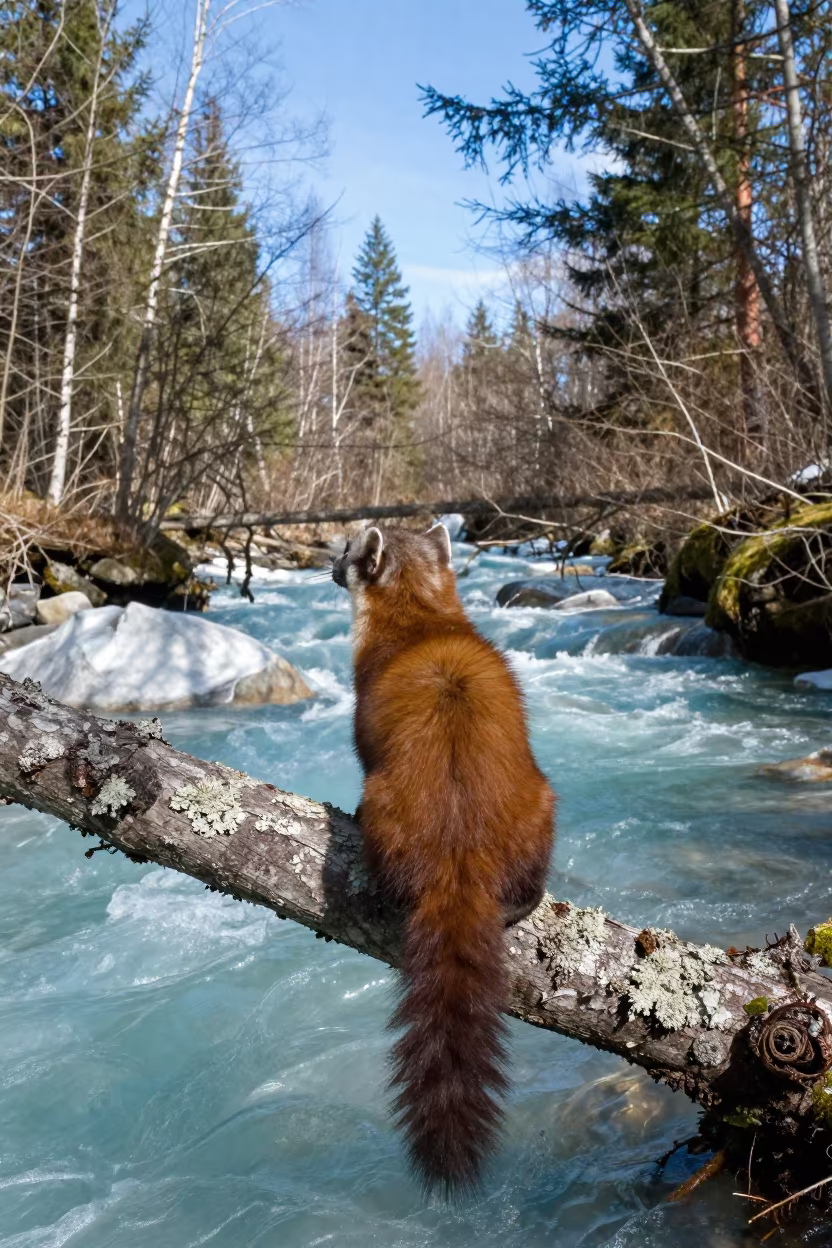 Pine Marten on Lichen Branch Over Glacial Stream in above a glacial stream near Issia