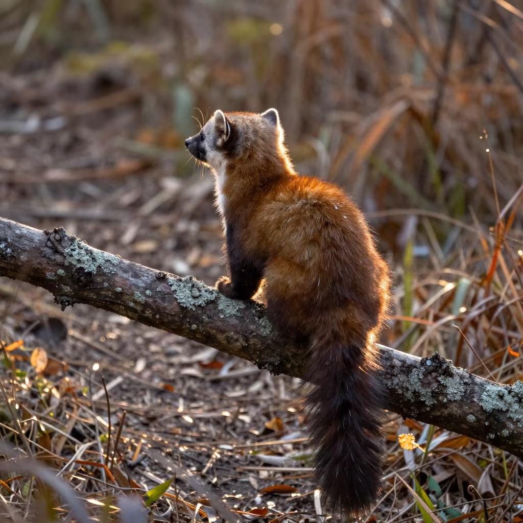 Pine Marten on Lichen Branch at Sunset in along a game trail near Chongqing
