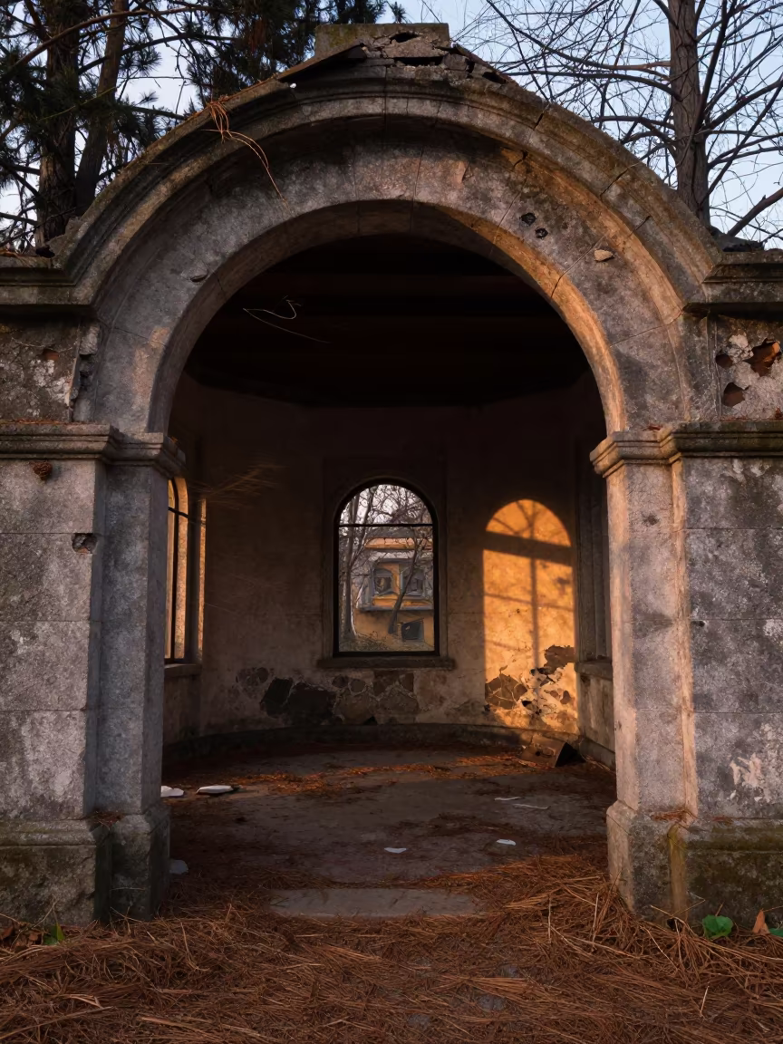 Pine Needle Carpet Ruin Chapel Arch Boston in beneath a broken stone arch near Back Bay, Boston