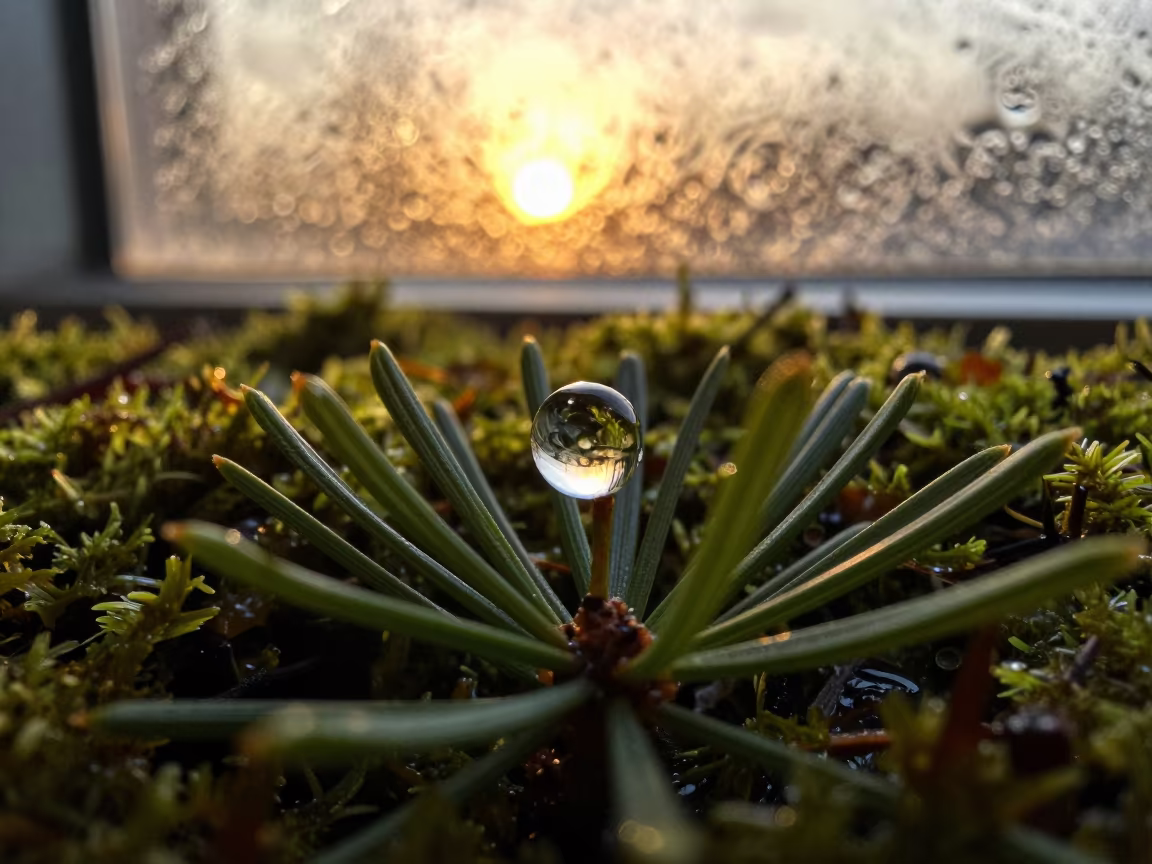Pine Needle Droplet in Sunset Window Light in on dew-soaked moss in Sohar