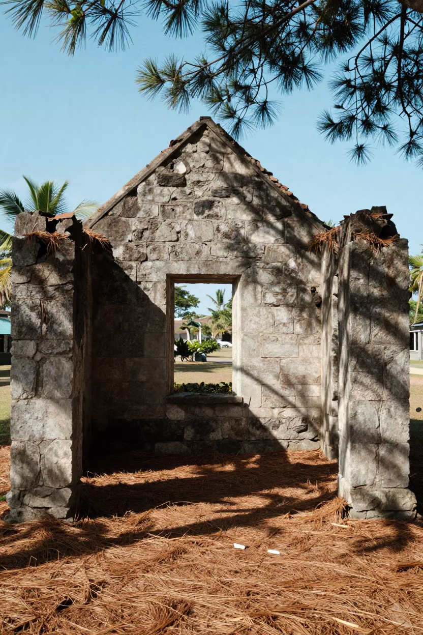 Pine Needle Ruin Chapel Threshold Midday in among roofless stone chambers near Des Moines