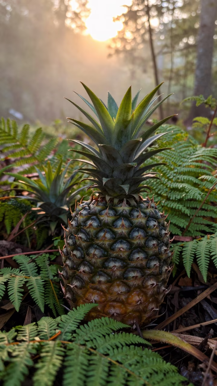 Pineapple Crowns on Connecticut Forest Floor in on a fern-lined forest floor in Connecticut