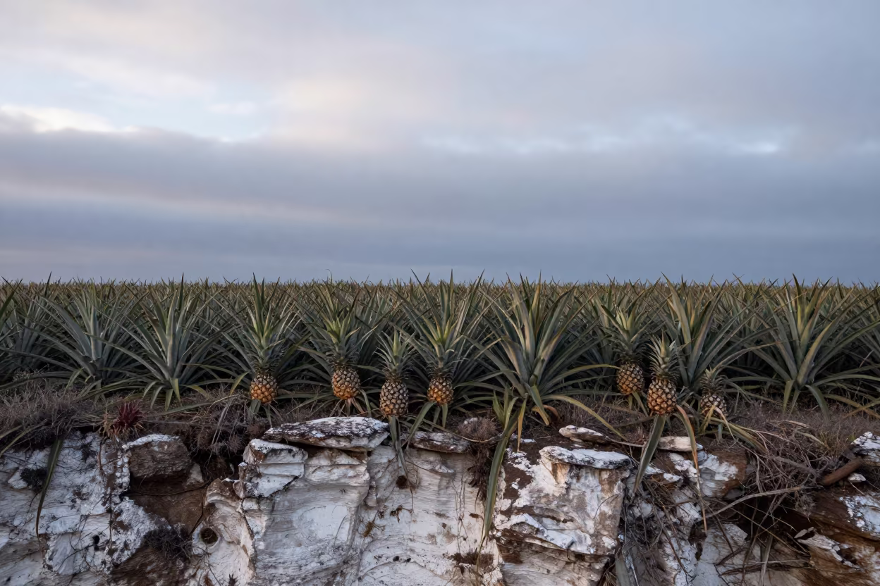 Pineapple Field Crowned by Cold Dawn Light in along a salt-sprayed cliff edge in Eswatini