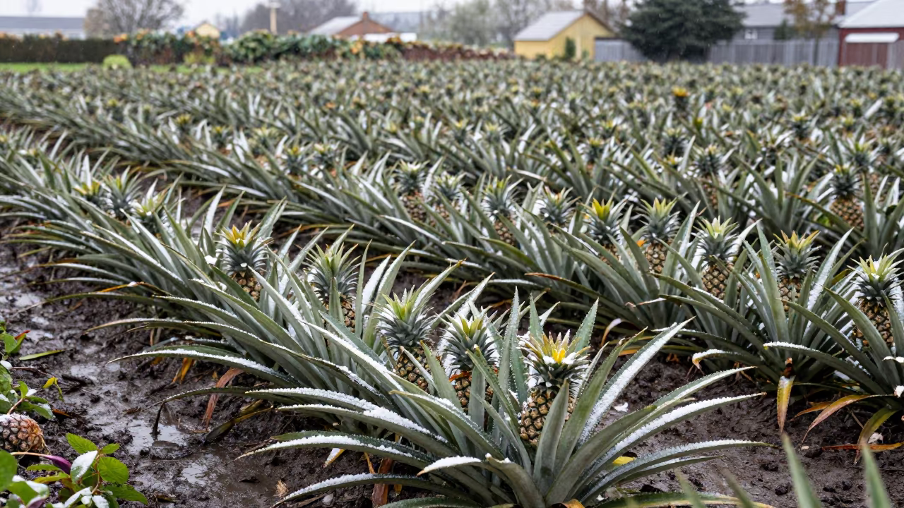 Pineapple Field with Snow in Dublin in among terraced garden plots near Liberties, Dublin