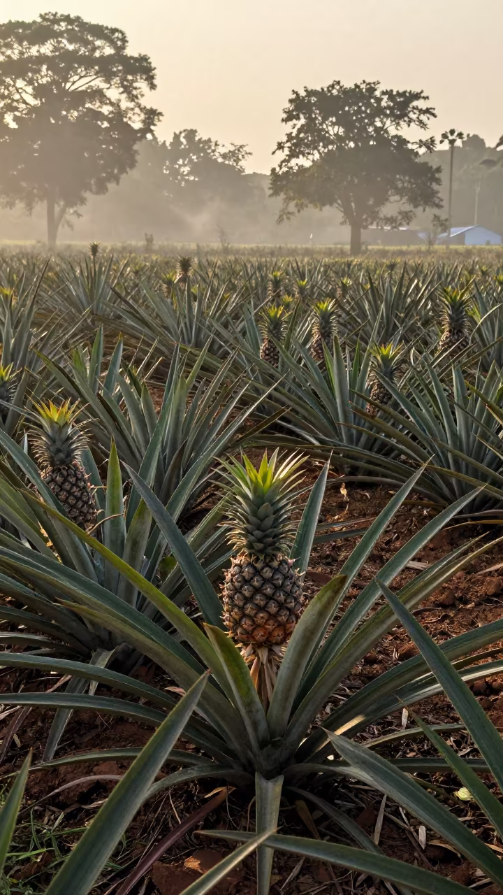 Pineapple Field in Togo Mist at Dusk in among terraced garden plots in Togo