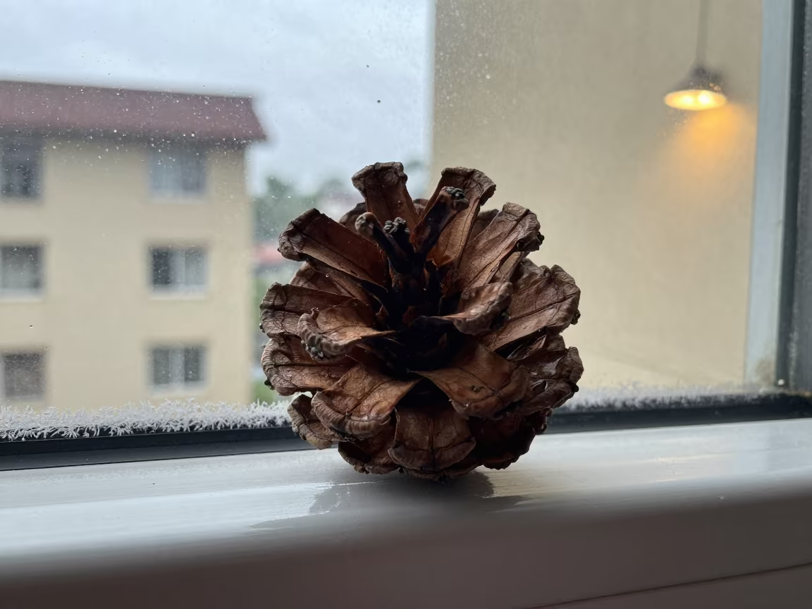 Pinecone Cross Section Macro Near Frost Window in along a frost-edged windowpane near Pointe-Noire