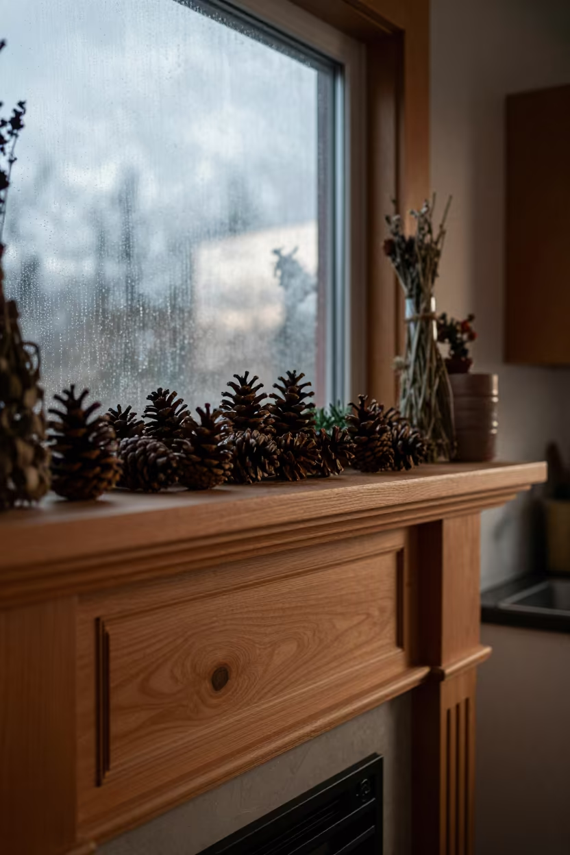 Pinecones and Herbs on Mantel at Dawn in in a cozy kitchen near Little India, Kuala Lumpur