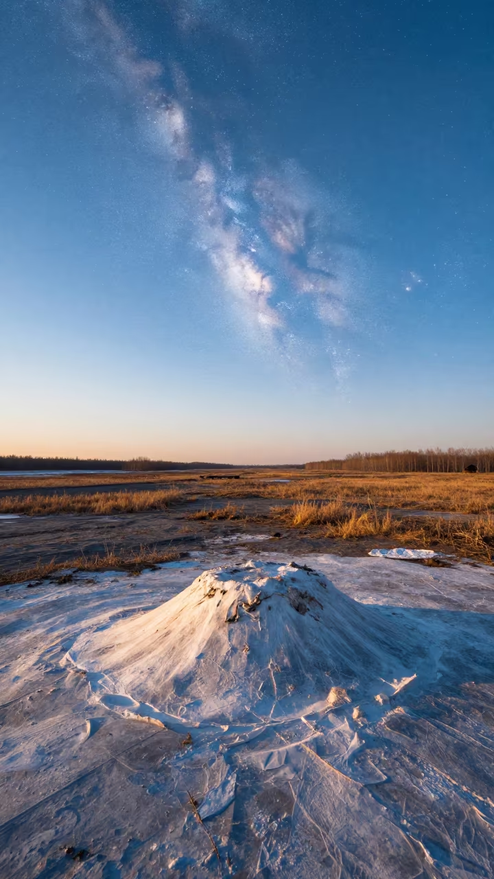 Pingo Mound Under Daylight Milky Way in across a wide valley floor near Harbin