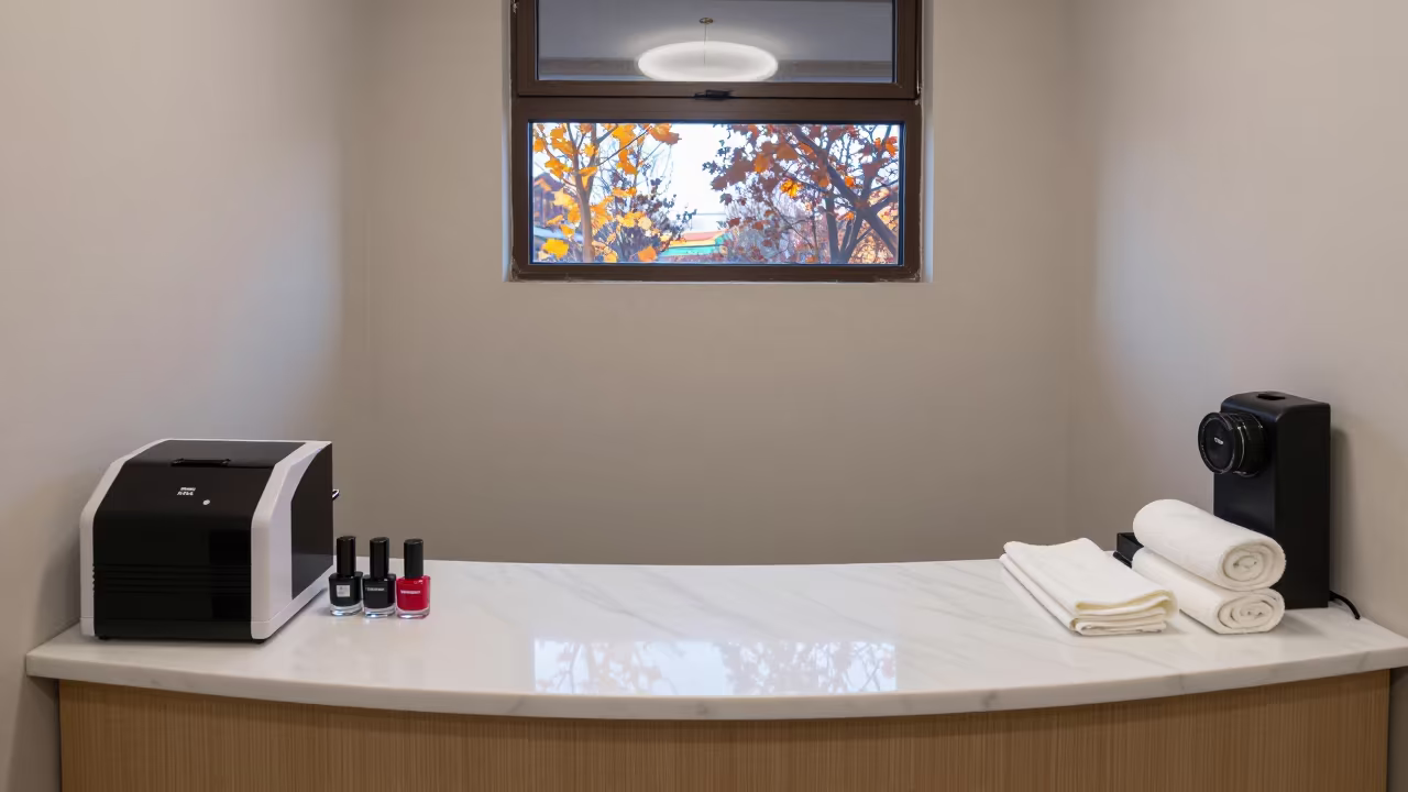 Pingyao Salon Manicure Station Before Dawn in at a salon reception counter near Pingyao