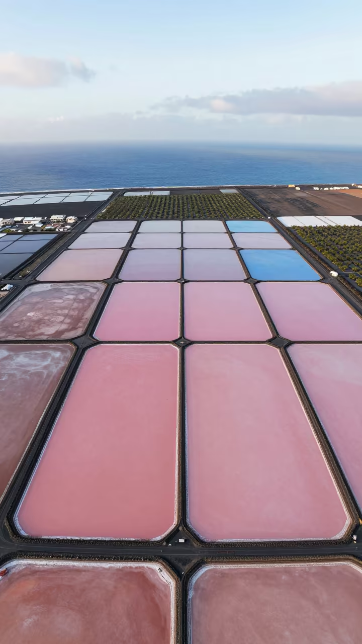 Pink and Blue Salt Ponds Aerial View in far above orchard blocks and irrigation lines in the Canary Islands