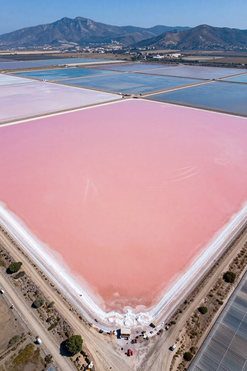 Pink and Blue Salt Ponds Sicily Aerial View in high over greenhouse grids in Sicily