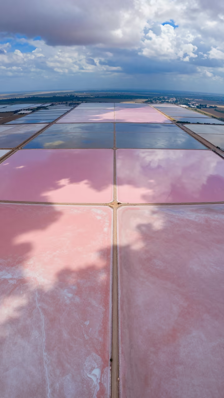 Pink and Blue Salt Ponds Syria Aerial View in high over salt ponds and causeways in Syria