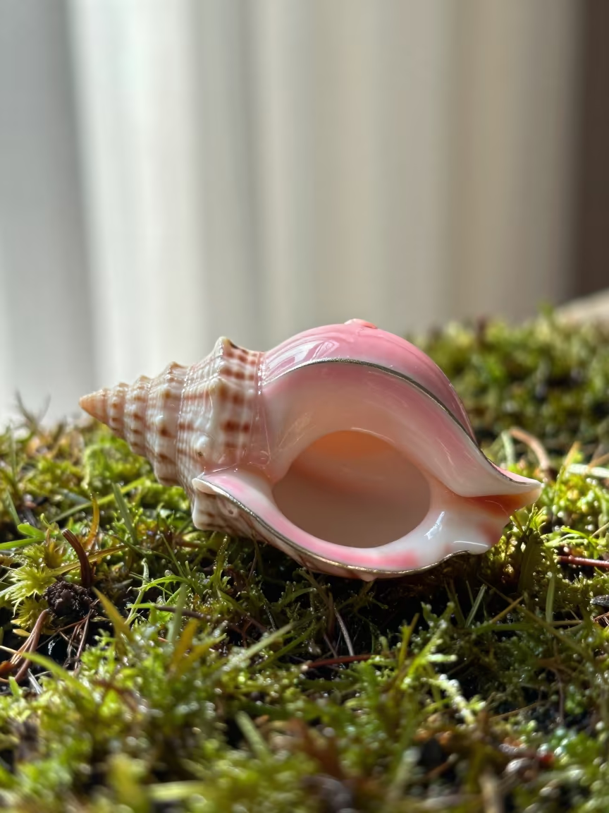 Pink Conch Shell Lip on Winter Moss in on dew-soaked moss near Kunduz