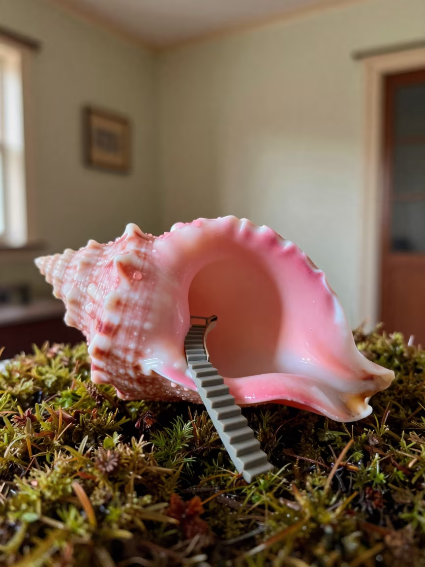 Pink Conch Staircase on Autumn Moss in on dew-soaked moss near Hefei