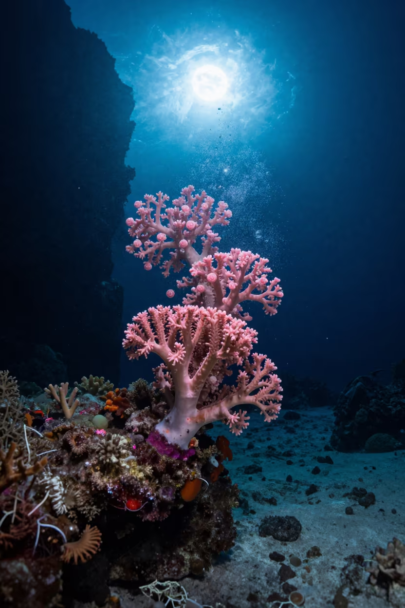 Pink Coral Spawn Cloud Night Reef in beside a reef crevice under clear water near Zanzibar