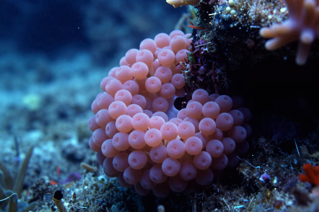 Pink Coral Spawn Clouds in Belize Twilight in beside a reef crevice under clear water near Belize City
