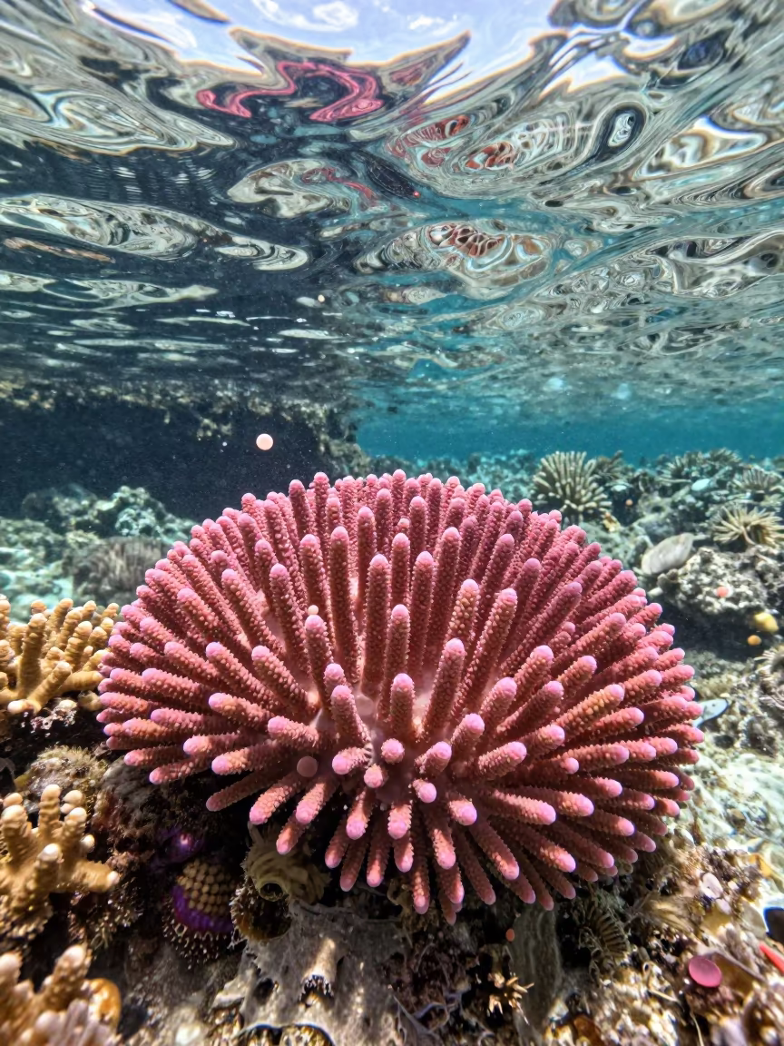 Pink Coral Spawn Clouds in Cebu Reef Water in beside a reef crevice under clear water near Cebu