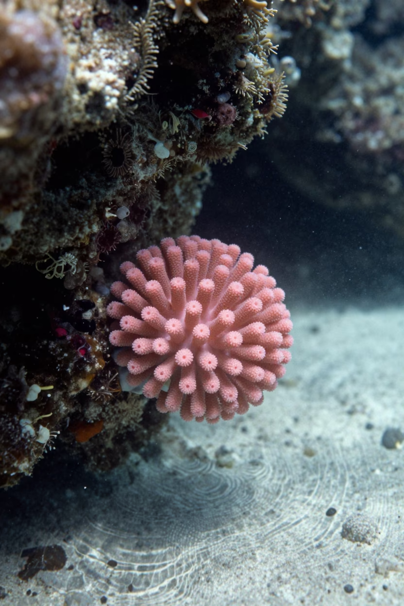Pink Coral Spawn Clouds Under Stone Town Reef in beneath a reef ledge in tropical shallows near Stone Town