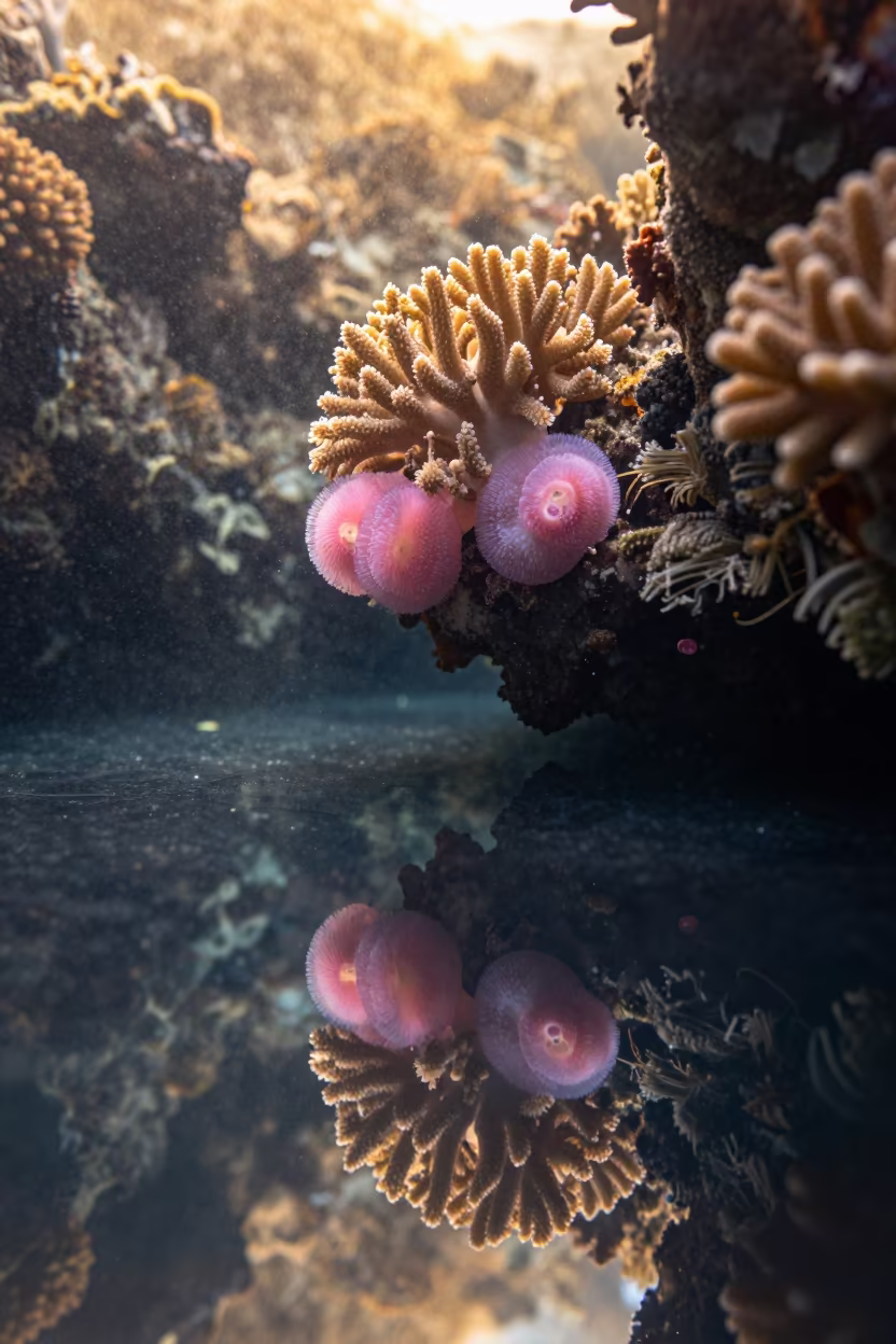 Pink Coral Spawn Reflects in Surreal Water Mirror in beside a reef crevice under clear water near Denpasar