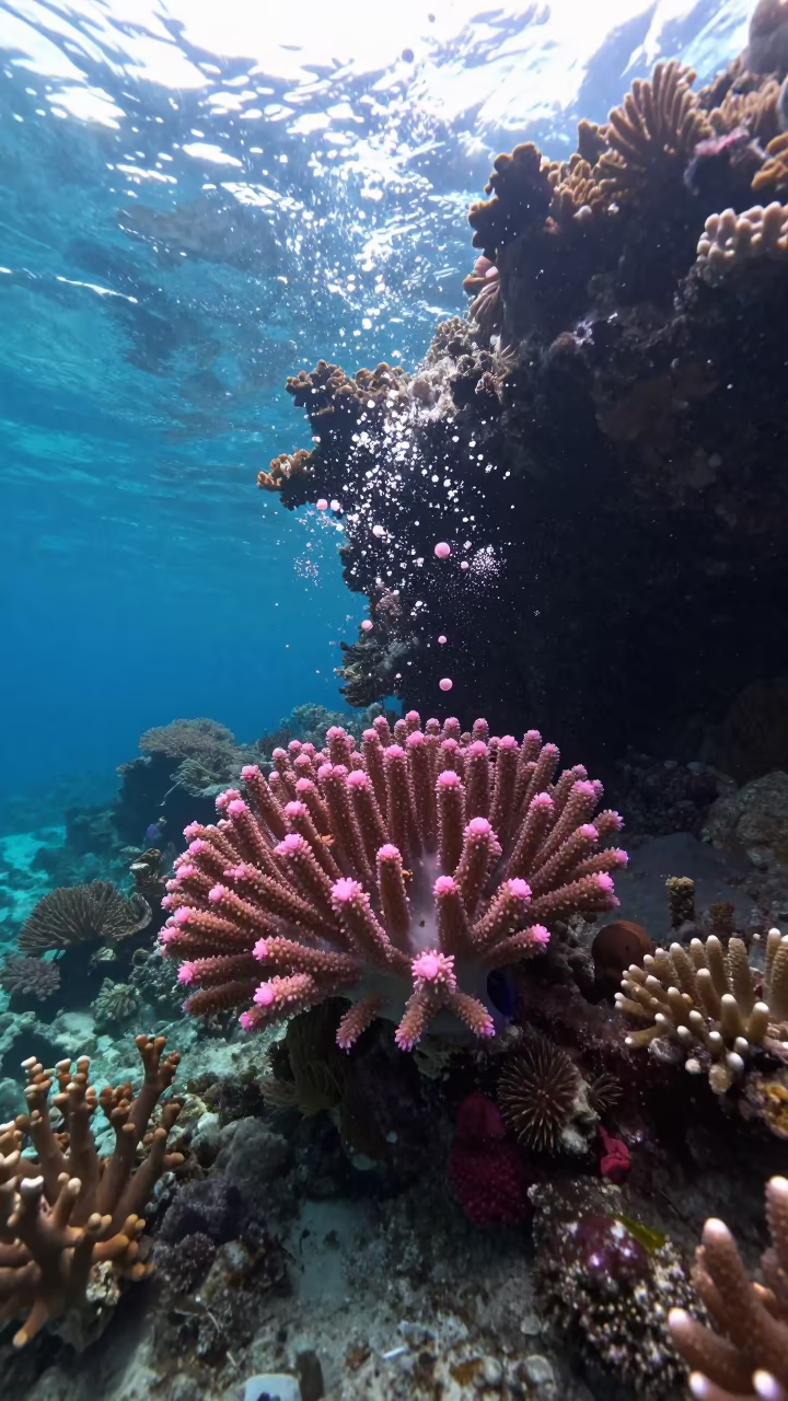 Pink Coral Spawn Clouds Over Volcanic Reef in beside a volcanic reef overhang near Denpasar