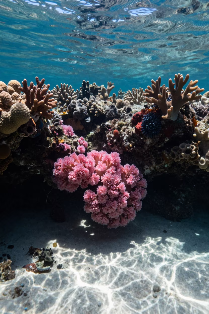 Pink Coral Spawn Under Zanzibar Reef Ledge in beneath a reef ledge in tropical shallows near Zanzibar