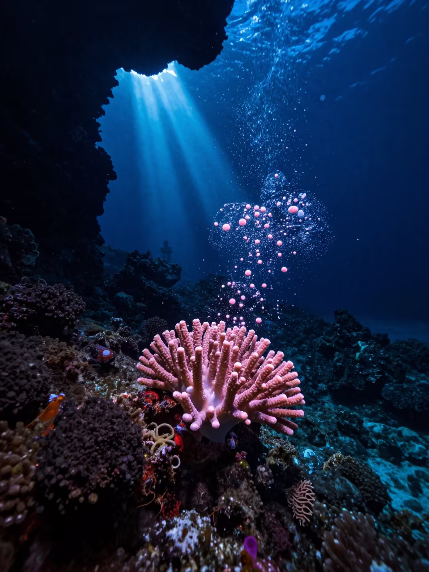 Pink Coral Spawning Cloud Night Cebu Reef in beside a volcanic reef overhang near Cebu
