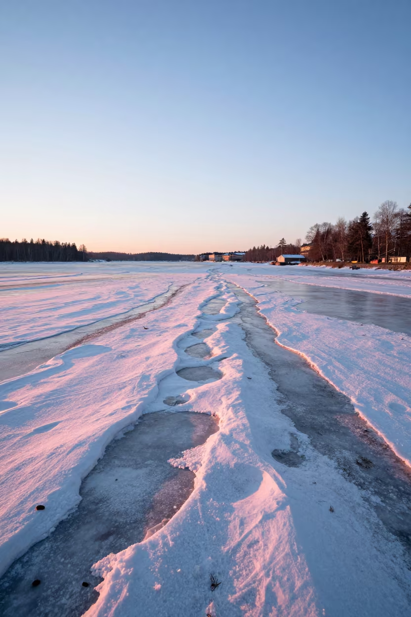 Pink Dawn Light Over Stockholm Valley Snow in across a wide valley floor near SOFO, Stockholm