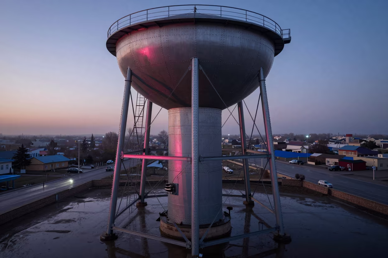 Pink Dawn Rim Light on Water Tower Rivets Turkmenistan in beside a water tower ladder in Turkmenistan