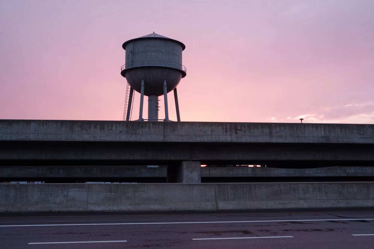Pink Dawn Sky Over Highway Flyover Stack Amsterdam in beside a water tower ladder near Oud-West, Amsterdam