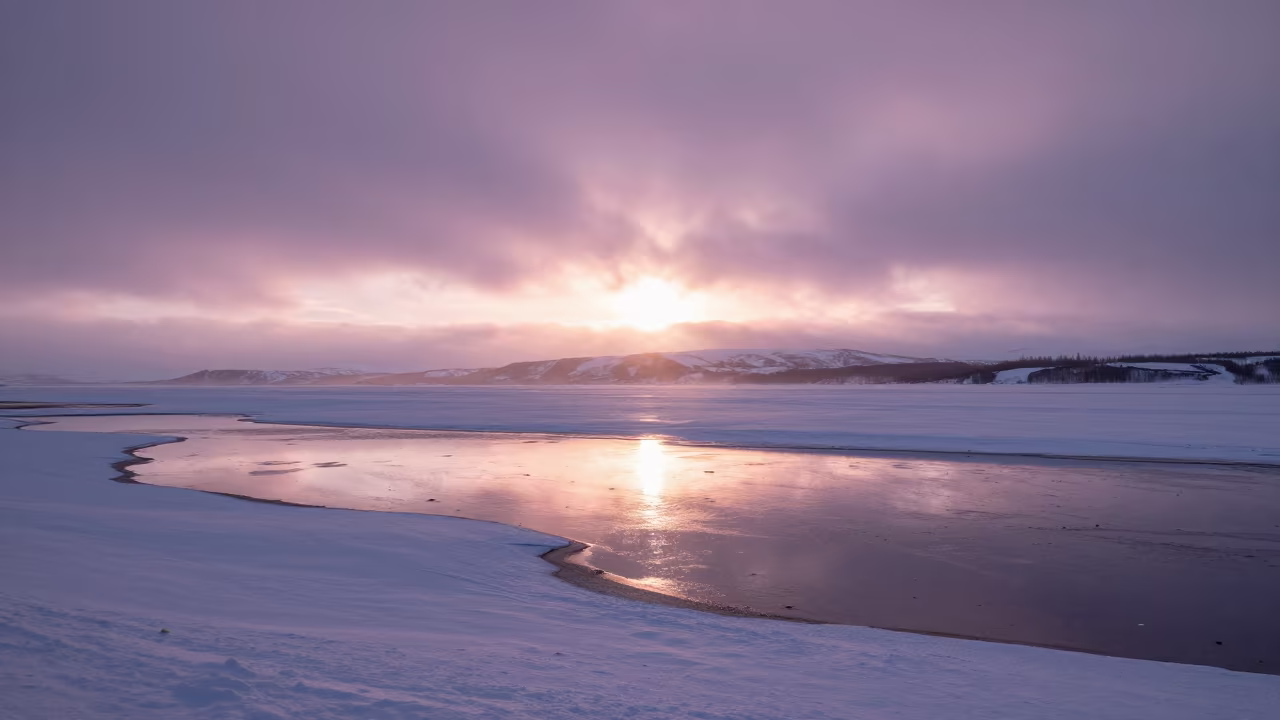 Pink Dawn Snow Fields Anchorage Floodplain in across a floodplain after rain near Anchorage