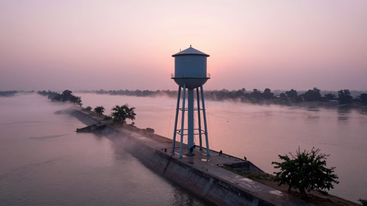 Pink Dawn Light on Vadodara Water Tower Rivets in along a levee path above floodwater in Vadodara