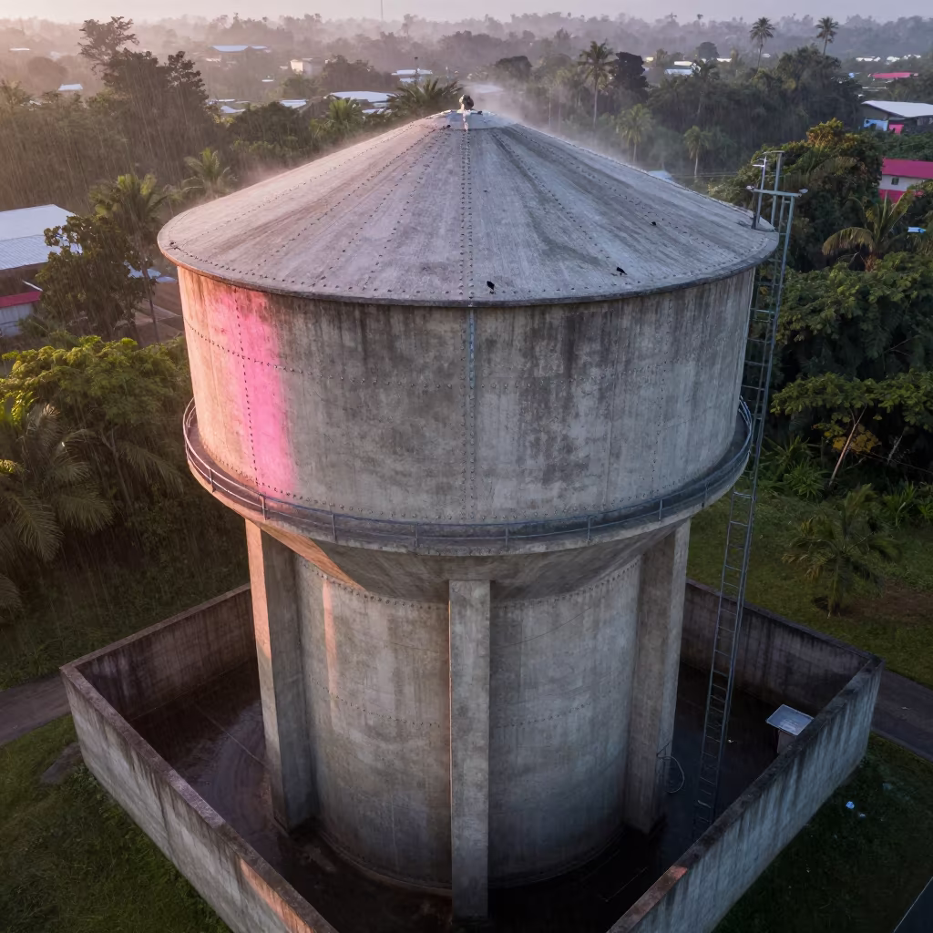 Pink Dawn Light on Trinidad Water Tower Rivets in beside a water tower ladder in Trinidad and Tobago