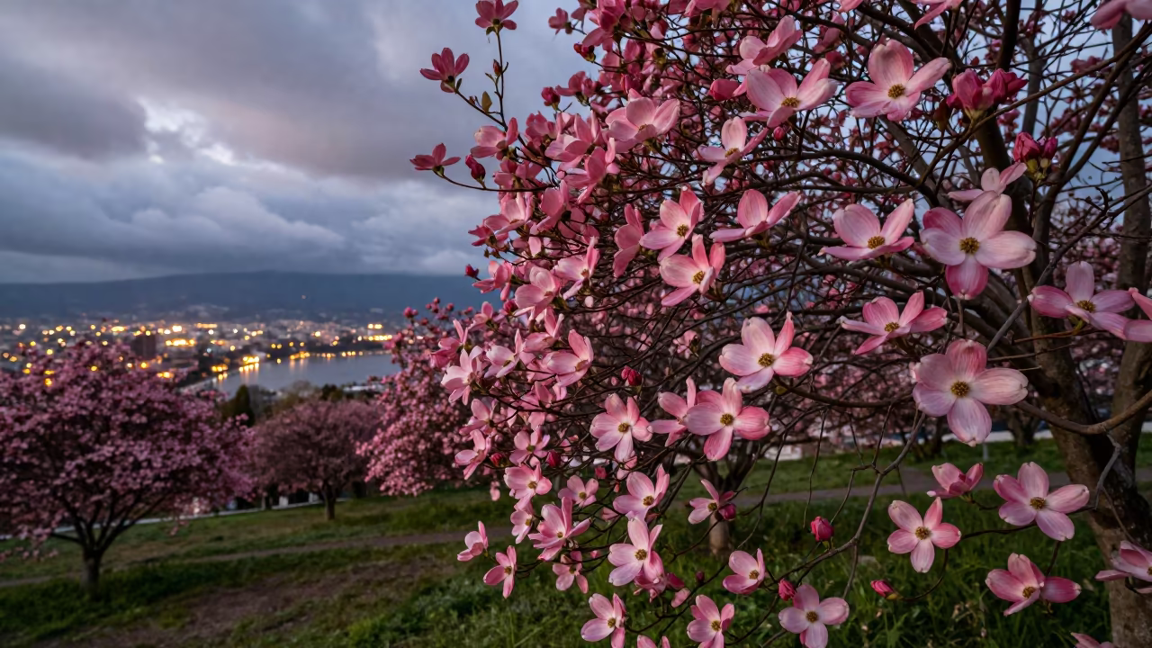 Pink Dogwood Bracts Near Trinidad at Twilight in in a bloom-heavy meadow near Trinidad