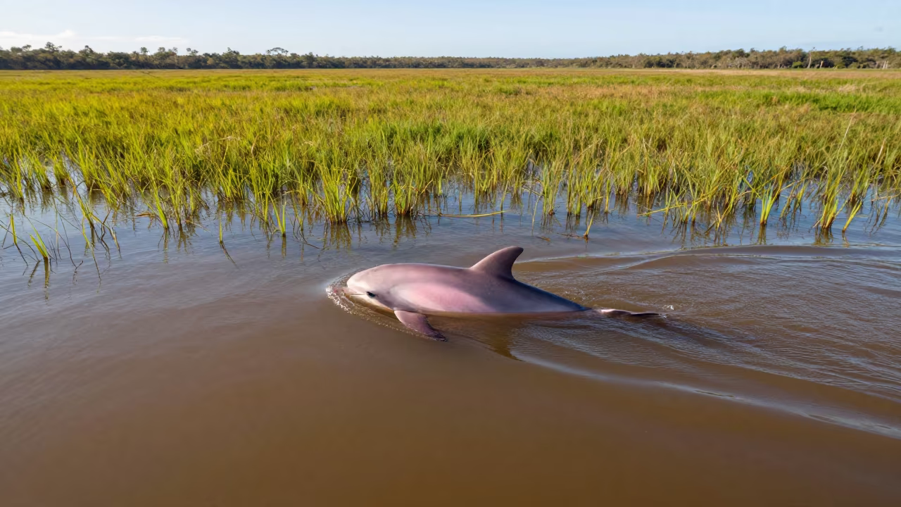 Pink River Dolphin in Queensland Seagrass Meadow in above a seagrass meadow in Queensland