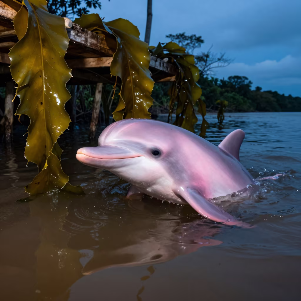 Pink Dolphin Surfacing in Twilight Kelp Waters in along a kelp-fringed shelf in Spain