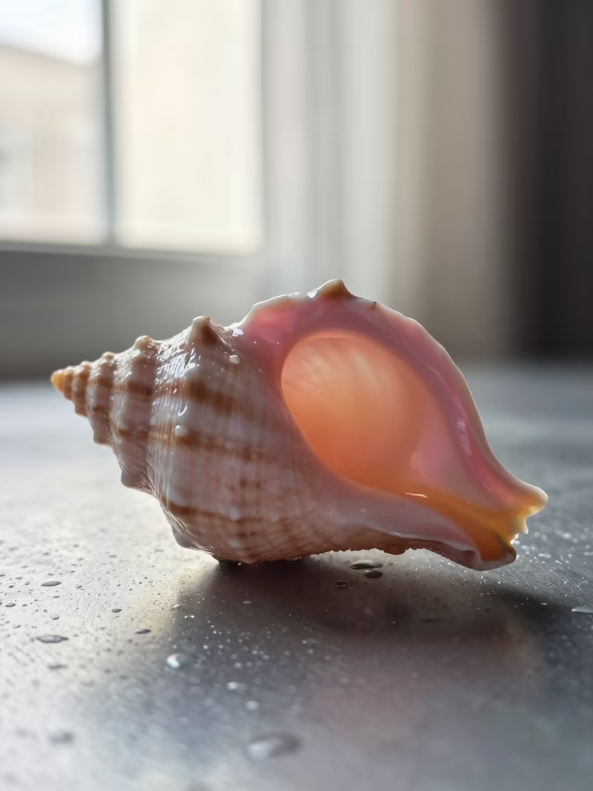 Pink Enamel Conch Shell Inner Lip Macro in across a rain-beaded metal surface in Dublin