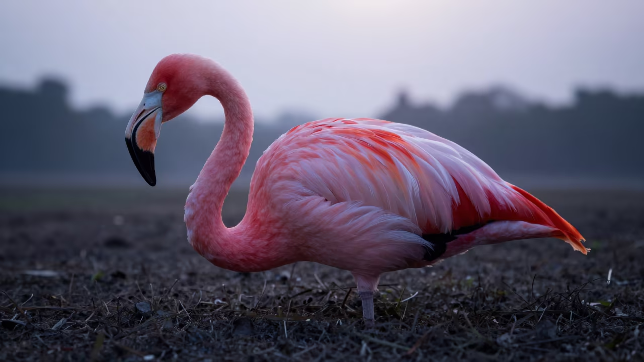 Pink Flamingo Feather Twilight Shadow in along a game trail in West Bengal