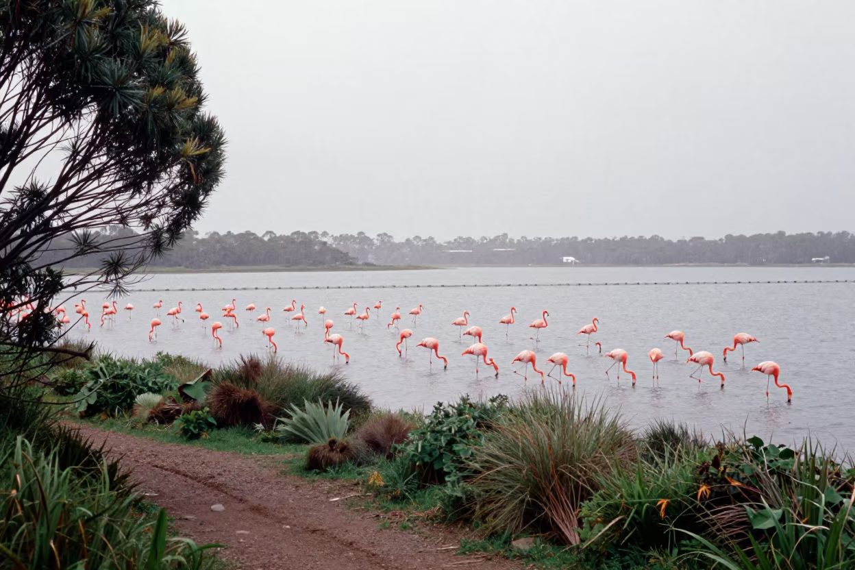 Pink Flamingos Feed in Western Australian Tidal Lagoon in along a game trail in Western Australia