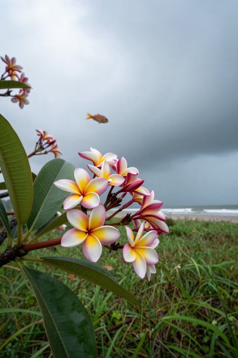 Pink Frangipani Blooms With Swimming Fish in in a bloom-heavy meadow near Changchun
